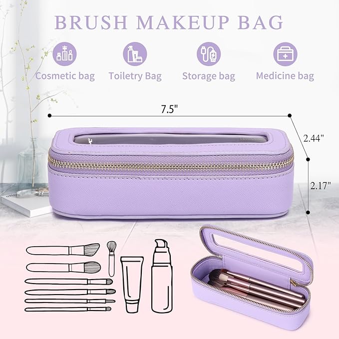 Clear Travel Makeup Bag with Brush Bag Portable Transparent Cosmetic Bag and Toiletry Bag Waterproof Clear Makeup Bag with Zipper Car Bag for Women (Purple, L+Slim)