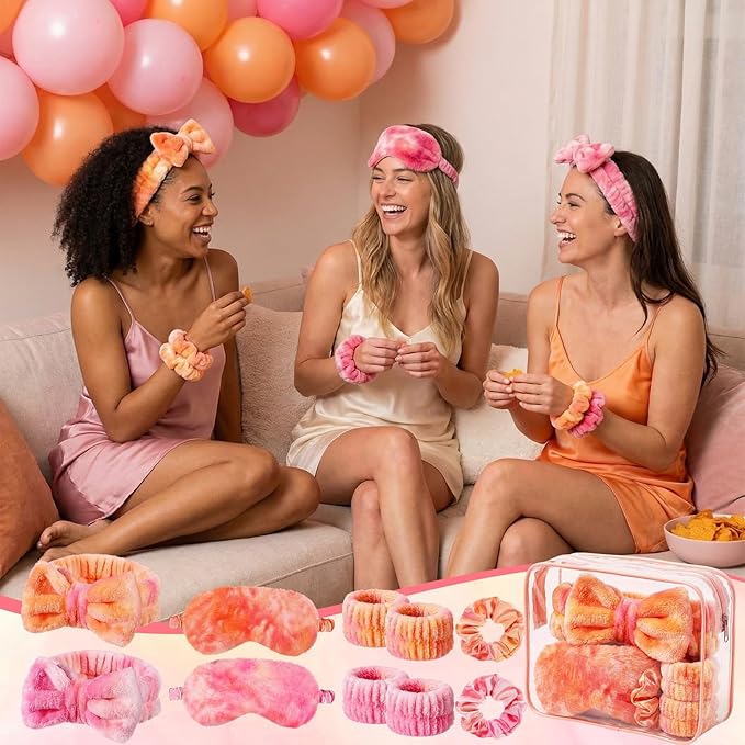 Hoteam 10 Pcs Galentine Spa Party Supplies Valentine Gift Set Sleepover Party Favor Spa Headband Wristband Sleep Eye Mask Velvet Scrunchies for Skin Care Makeup Slumber Night Favor(Tie Dye Orange)
