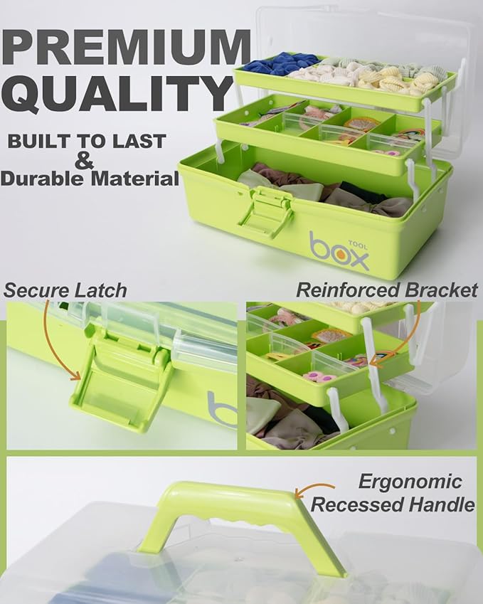 12in 3-Layer Plastic Craft Organizers and Storage, Portable Folding Tackle Box with Handle & Adjustable Dividers, Multipurpose Case for Sewing, Art Supplies, Medicine, Tools (Green)