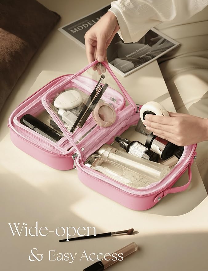 Oaque Clear Cosmetic Bag Double Layer Travel Toiletry Bag Clear Makeup Bag Case with 4 Compartments, Transparent Travel Bag for Toiletries, Large Toiletry Bag for Women Cosmetic Case (Pink, Large)