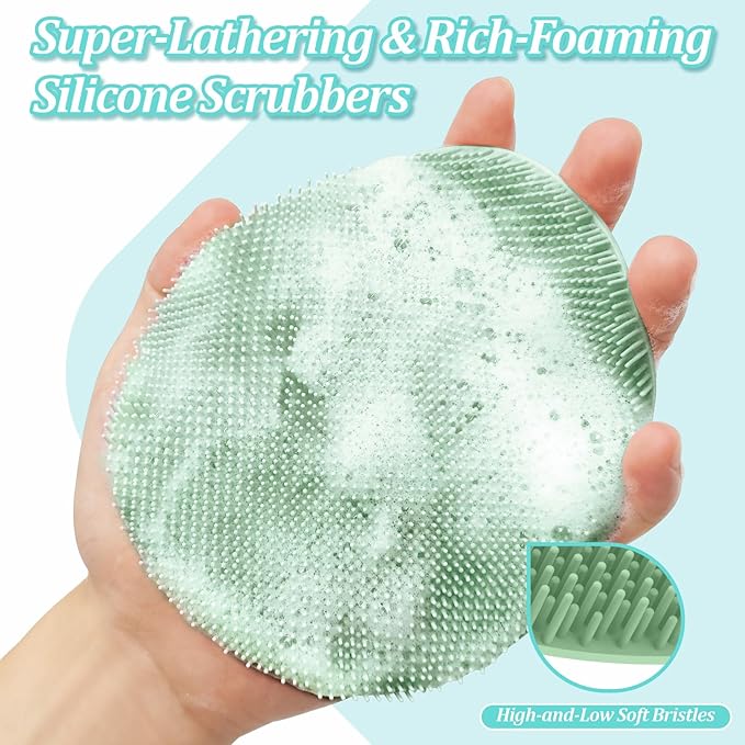 Silicone Back/Body/Face Scrubber & Soft Bath Glove Set 4PCS, Gentle Exfoliating Back & Body Scrubber with Dual-Side Brush Head, Hand-fit Bath Glove & Face Scrubber for Deep Cleaning(Green-4PC)