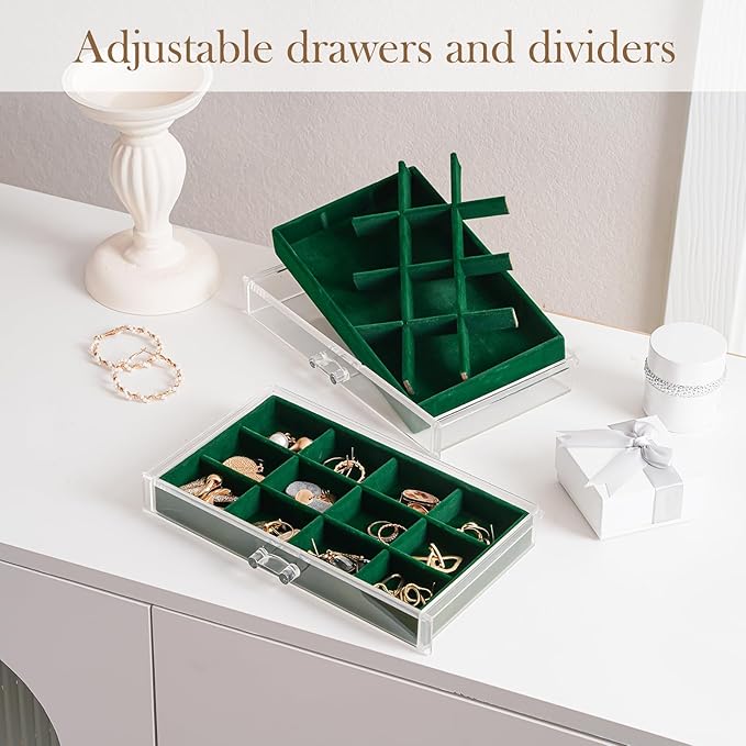Lolalet Earring Holder Organizer Box Jewelry Storage with 6 Drawers, Clear Acrylic Stackable Earring Case with Adjustable Velvet Trays for Women on Dresser Vanity -Emerald, 6 Layers