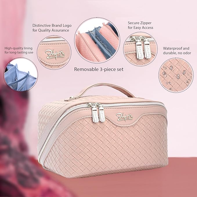 BOYATU Travel Makeup Bag Cosmetic Bags for Women: Large Capacity 3 Pcs Set Make up Bag with Compartments - Waterproof Vegan Leather Toiletry Organizer Bags with Handle (L02 Light Pink)
