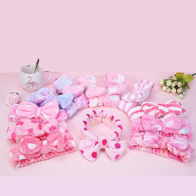 12pcs Spa Headband Soft Bowknot Spa Hair Band Coral Fleece Headband Makeup Headbands for Face Washing Skin Care Shower Yoga Headwraps for Women Girls (Pattern M)