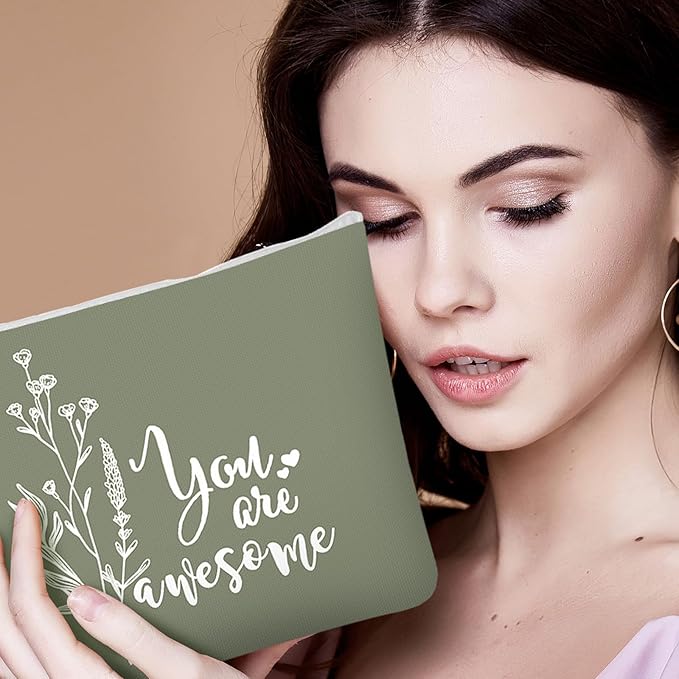 Coume 10 Pcs Valentines Canvas Makeup Bags Bulk, Inspirational Quotes Cosmetic Zipper Encouragement Travel Pouch Toiletry Bag Women Teacher Friend Birthday Gift(Natural Color,Aesthetic)