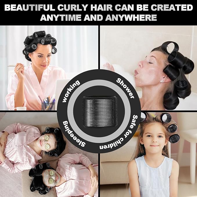 HYOUJIN 18 Pcs Thermal Hair Rollers,Self Grip Jumbo Thermal Curlers Set,Large Rollers for Women,Heatless Curlers for Blowout Volume and Curling Look for Long,Short Hair(Black,60 48,36mm)