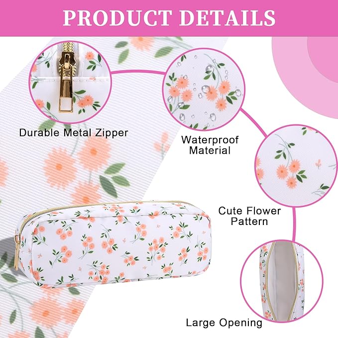 Nylon Small Makeup Bag Slim Pouch, Cute Floral Preppy Makeup Brush Bag Portable Make up Pouch with Zipper, Waterproof Travel Toiletry Bag Coin Purse Storage Organizer for Women Girls(Pink Flower)