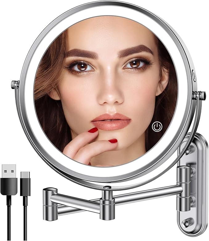 Rocollos Rechargeable Wall Mounted Lighted Makeup Mirror, 8 Inch Double-Sided LED Vanity Mirror 1X/10X Magnification,3 Color Lights Touch Screen Dimmable (Narrow Base-Chrome)
