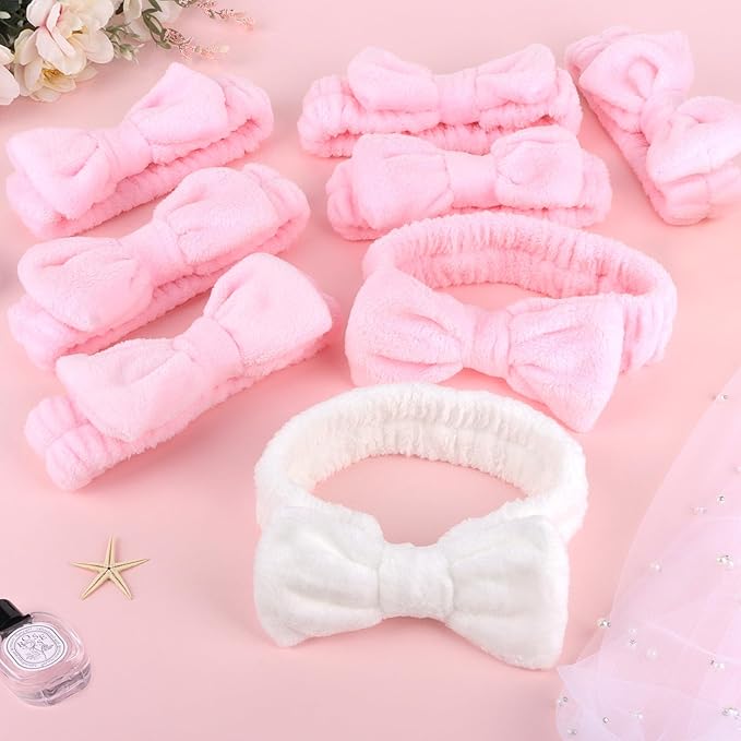 CIEHER 8 Pcs Spa Headbands - 1 White + 7 Pink, Microfiber Hairbands for Bachelorette Party Favors, Bridal Shower Decorations, Skincare Makeup Headbands for Girls, Women's Accessory