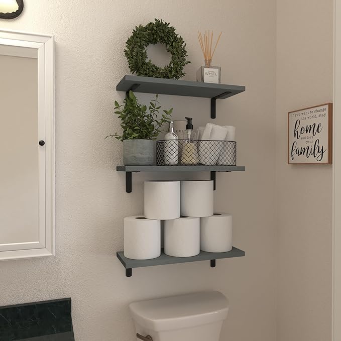 WOPITUES Wood Floating Shelves Set of 6, Shelves for Wall Decor, Farmhouse Shelf for Bedroom, Bathroom Storage Shelves, Book Shelves for Living Room-Grey
