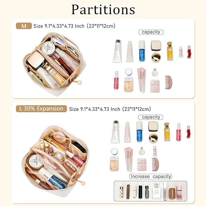Birthday Gifts for Women Teen Girl, Personalized Initial Makeup Organizer Bag Set, Open Flat Travel Cosmetic Bag With Clear Divider and Handle(Large-Beige,J)