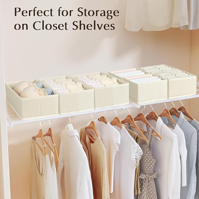 DIMJ Drawer Organizers Clothes, Set of 14 Dresser Organizer Bins, Fabric Closet Organizers and Storage, Shallow Drawer Dividers for Nursery, Clothing, Baby Clothes, Socks, Underwears, Tie (Beige)