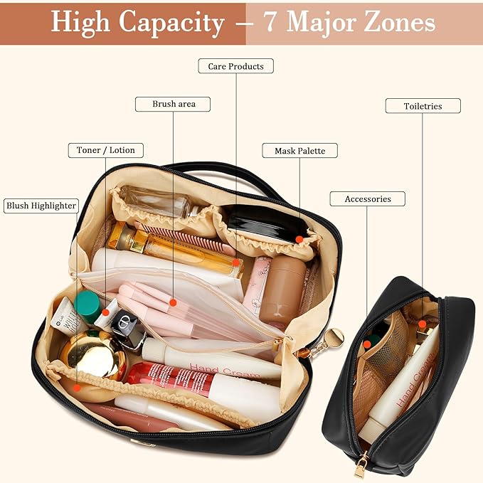 Birthday Gifts for Women Teen Girl, Personalized Initial Makeup Organizer Bag Set, Open Flat Travel Cosmetic Bag With Clear Divider and Handle(Black,E)