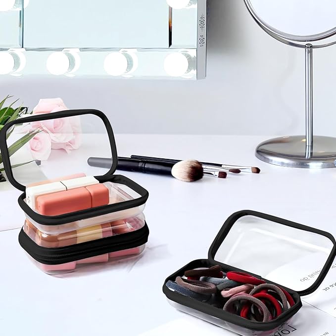 YOPCDJ Clear Hard Shell Zipper Case, Clear Zipper Pouches Waterproof Makeup Organizer & Travel Toiletry Storage Bag, Plastic Pouch for Office, Home, Black, 4Pack XL+L+M+S