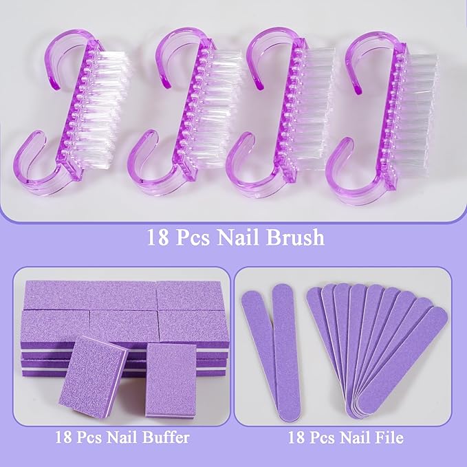 Disposable Manicure Kit Professional, 18 Set Press On Nail Tool Kit with Nail File, Nail Buffer, Nail Buffer Block, Nail Handle Brush, Wood Stick, Packaging Bag (Purple)