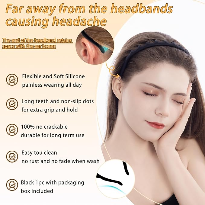 Silicone Headbands for Women Non Slip Comb Headband with Teeth Non-Crackable Hair bands for Women's Hair Fashion Accessories (Black 1PC, 1 Count (Pack of 1))