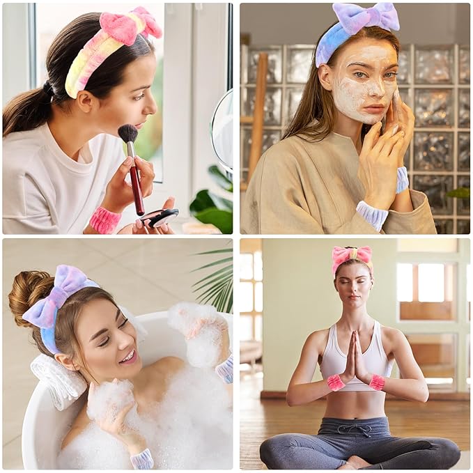WHAVEL 8PCS Spa Headband and Wristbands Set, Face Wash Headband Wrist Bands for Washing Face Skincare Makeup Hair Band Skin Care Accessories Tools，Tie-dye 2