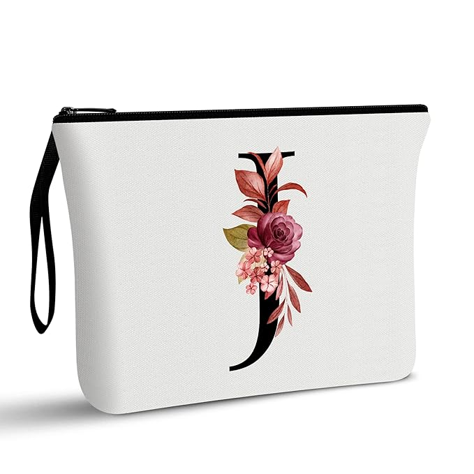 Vavabox A-Z Personalized Makeup Bag, Birthday Gifts for Women Mom, Gifts for Best Friend, Bride Bridesmaid Cosmetic bag (J, White)