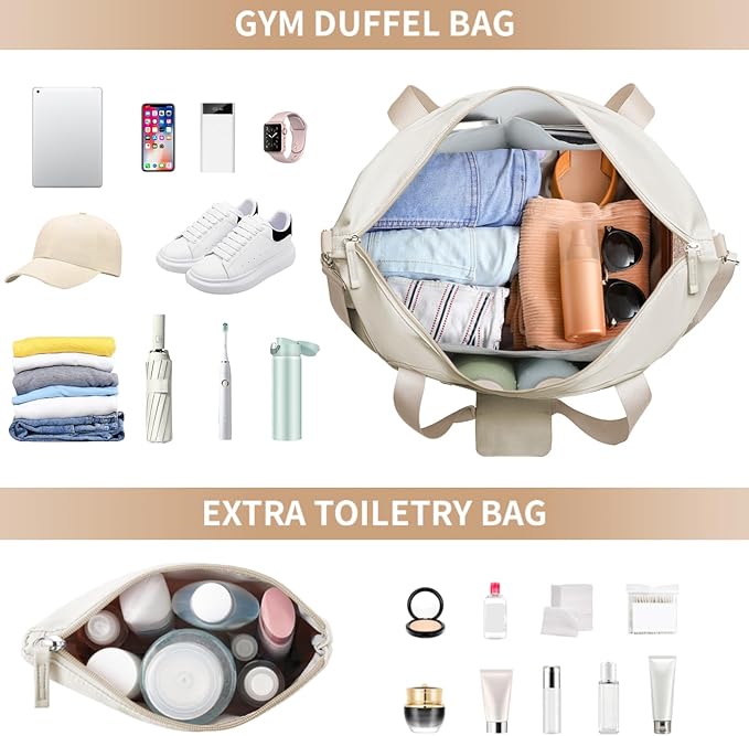 ETRONIK Gym Bag for Women, 45L Carry On Travel Duffel Bag with Shoes Compartment, Weekender Overnight Bag with Wet Pocket & USB Charging Port for Women, Travel, Gym, Weekend, Large Size (Khaki//Beige)