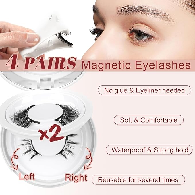 Higu clace Magnetic Eyelashes 4Pairs Magnetic Eyelashes with Applicator Soft Magnetic Lashes Natural Look Wispy Magnet Lashes Without Eyeliner Easy to Wear and Remove(DJCX-B06）