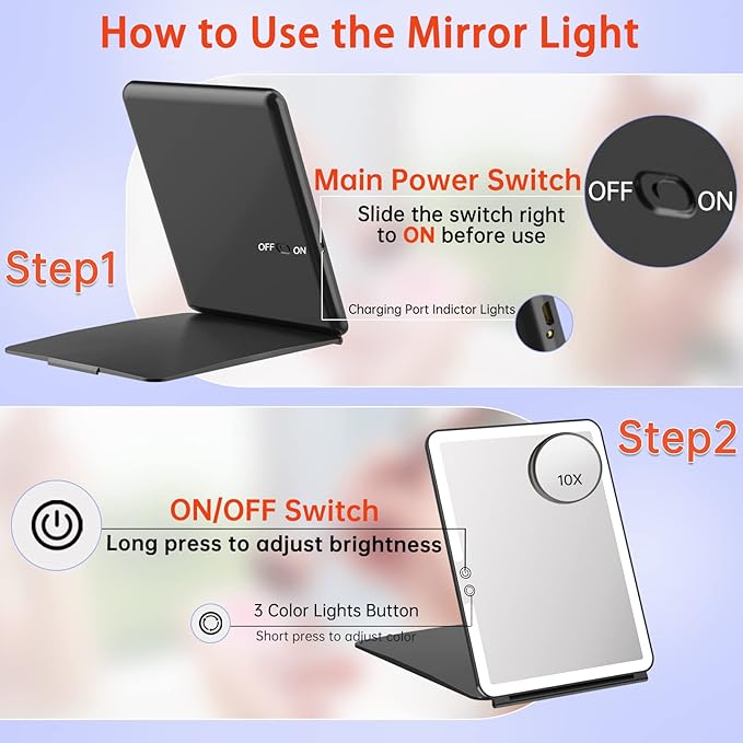 FUNTOUCH 10x7.5 Portable Large Travel Makeup Mirror with Light, 1800mAh Rechargeable Lighted Travel Makeup Mirrors with 3 Color Lights, Dimmable Folding Light Up Make up Mirror with Small 10x Mirror