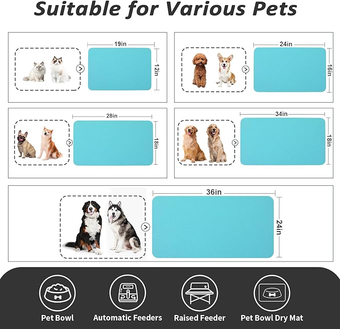Dog Food Mat - Absorbent Cat Mat for Food and Water, No Stains Pet Feeding Bowl Mat, Easy to Clean Pet Placemats, Quick Dry Dog Water Dispenser Mat for Messy Drinkers | Teal 24"x36"