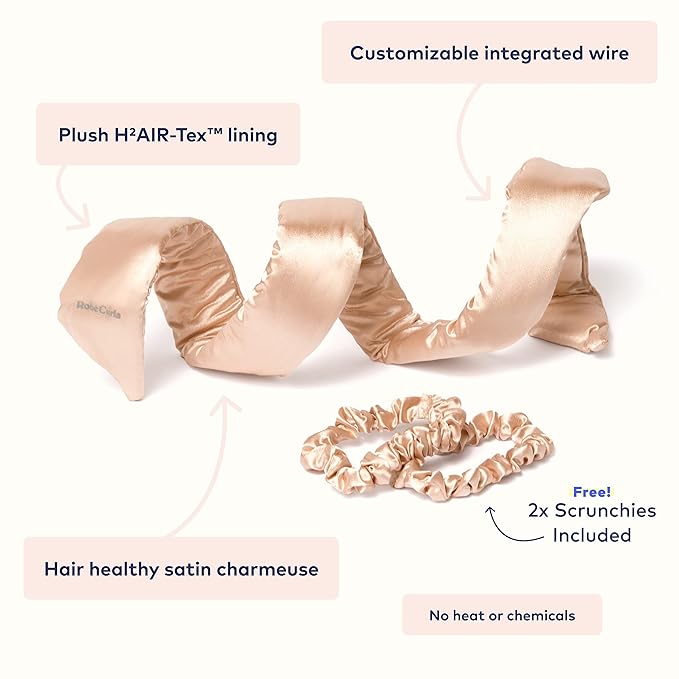RobeCurls Original Heatless Hair Curler Set with 2 Scrunchies - Patented Satin Curling Headband with Wire Hold for Heatless Curls Overnight - Gentle Hair Curlers to Sleep In for Women & Kids, Cream