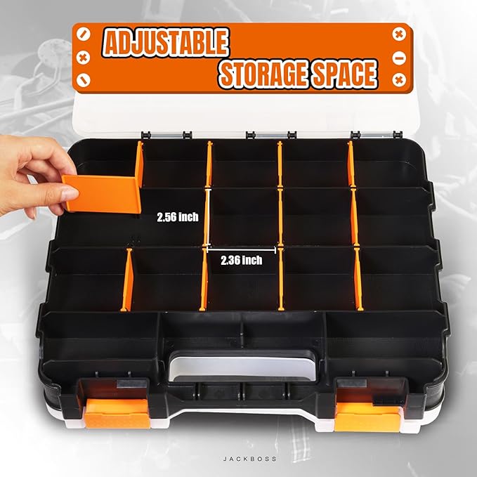 Tool Box with Transparent Lid, Double Side 34-Compartments Organizer Box with Removable Dividers for Hardware, Screws, Bolts, Nails, Beads, Jewelry and Fishing Accessories, Orange, 1 Pack