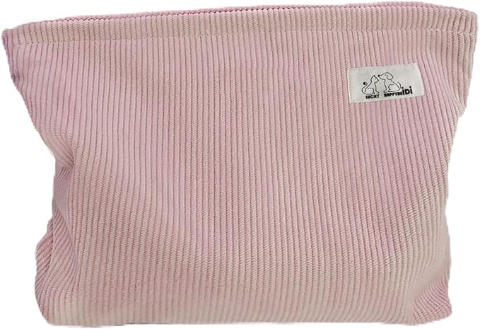 HAPPYHEIDI Large Corduroy Makeup Bag Compartment Cosmetic Toiletry Travel Accessory Pouch Purse Organizer, Soft Creamy Pink