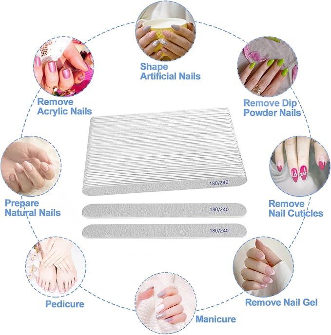 Nail File (50 Packs), Emery Boards for Nails 180/240 Grit Nail Files for Natural Nails Wood Double Sided Emory Fingernail Files Professional Reusable Manicure Pedicure limas para uñas