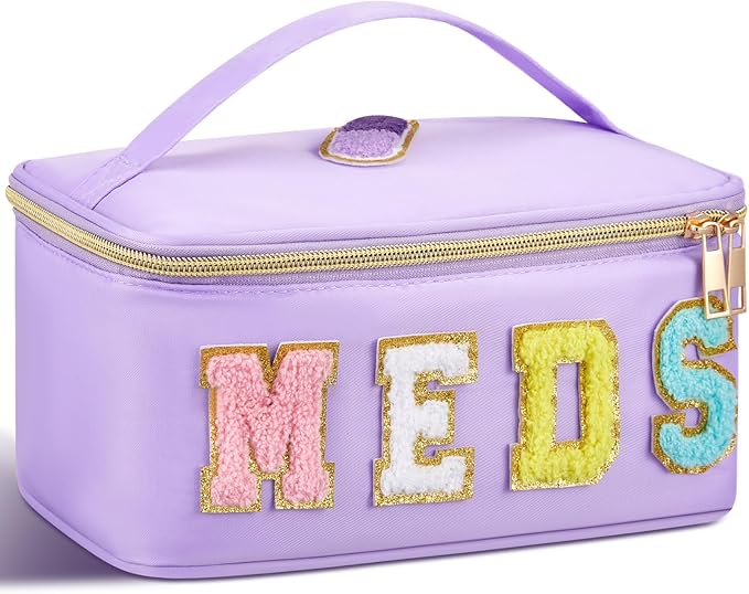 Geetery Clear Makeup Bag Chenille Letter Meds Bag Travel Cases Preppy Patch with Zipper, Portable Cosmetic Toiletry Storage case for Women(Meds,Purple)