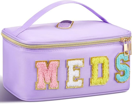 Geetery Clear Makeup Bag Chenille Letter Meds Bag Travel Cases Preppy Patch with Zipper, Portable Cosmetic Toiletry Storage case for Women(Meds,Purple)
