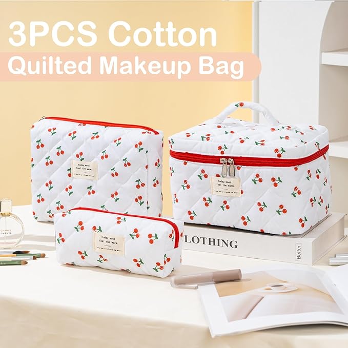 Makeup Bag for Women 3PCS Quilted Cotton Make Up Bag Travel Cosmetic Bag Large Makeup Bag Set Cute Makeups Organizer Floral Toiletry Pouch for Purse, Cherry