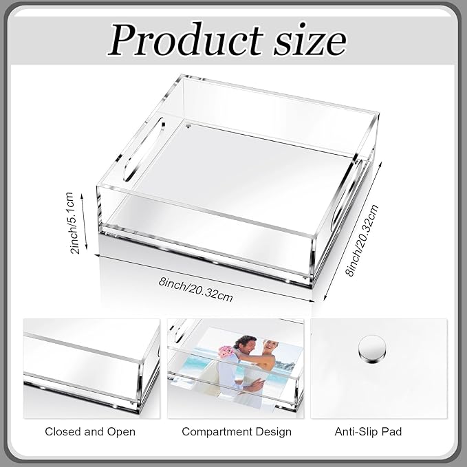Acrylic Serving Tray with Handle Needlepoint Clear Decorative Tray Countertop Organizer for Home Bathroom Office(8" X 8")