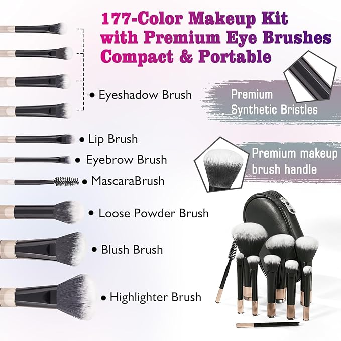 177-Color All-in-One Makeup Palette with 10 Brushes, Portable Case, Eyeshadows, Gel Eyeshadow, Lip Gloss, Concealer, Blush & Brow Powder – Complete Beauty Set for Women & Girls