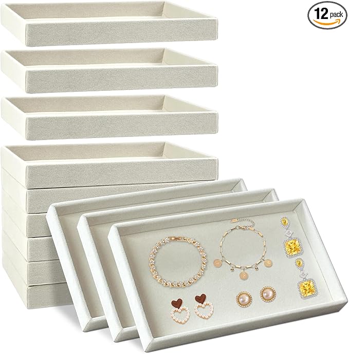 12 Pack Velvet Jewelry Trays, 8.3x5x1 Inches Premium Stackable Jewelry Drawers Organizer Inserts for Women Girls, Beige Jewelry Storage Display Trays for Necklace Earring Ring Bracelet (1 grid)