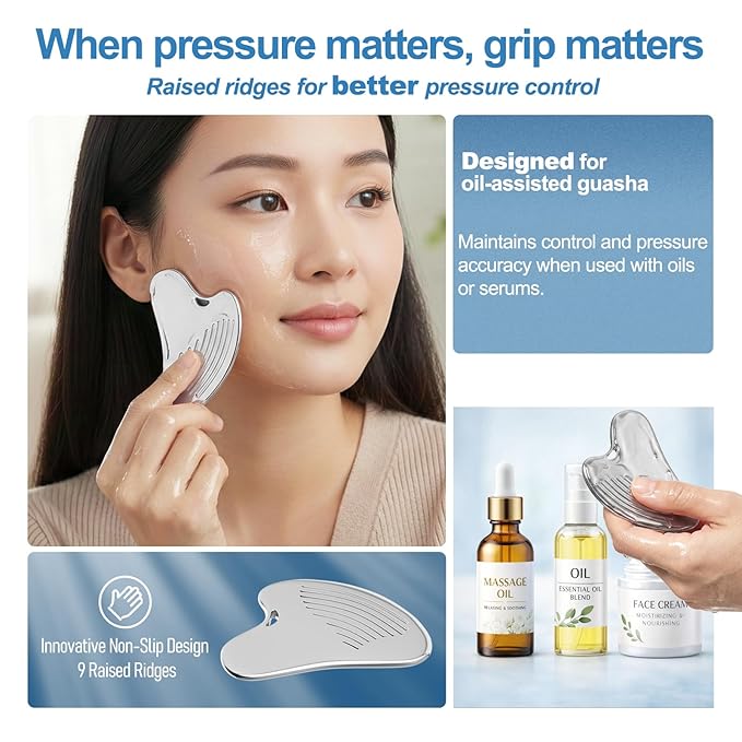 Gua Sha Facial Tools & Face Roller Set, Stainless Steel Facial Massager Tools for Lymphatic Drainage & Face Sculpting, Textured Guasha for Better Grip, Double Chin Reducer, Skincare Gift for Women