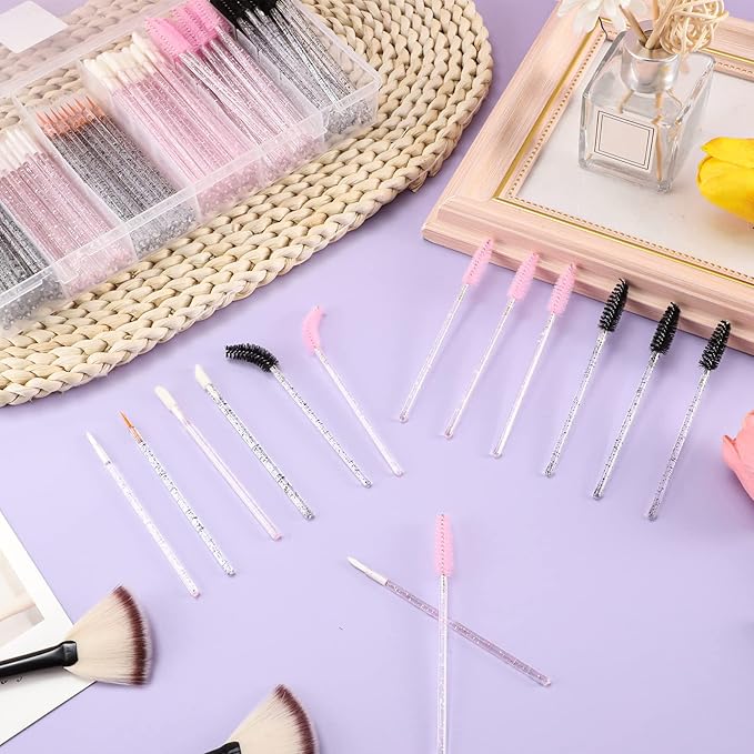 270 PCS Crystal Disposable Makeup Applicators Kit, Makeup Artist Must Haves Tools 100 Mascara Wands 100 Lipstick Applicators 70 Eyeliner Brushes with Organizer Box Galentines Valentines Day Gifts