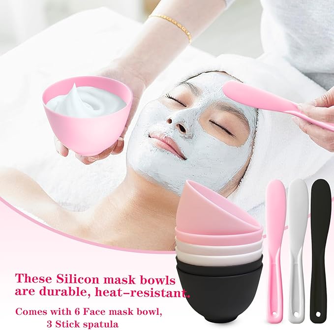 9Pcs Face Mask Mixing Bowl DIY Silicone Facial Mask Bowl for Home Salon Spa Face Skin Applicator Bowl with Stir Sticks, Black,White,Pink