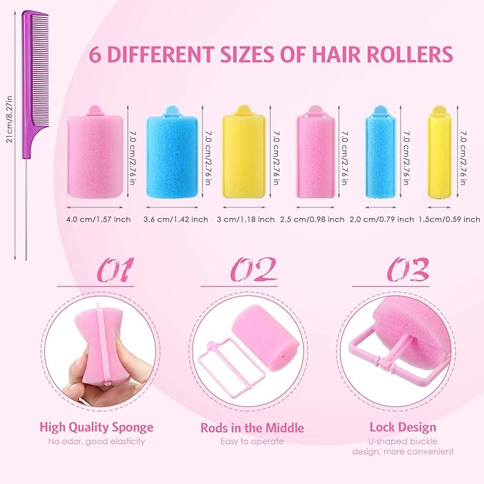 Syhood 56 Pcs Foam Sponge Hair Rollers 6 Sizes Soft Sleeping Curlers Flexible Sponge Curler Tool Rat Tail Comb for Long Short Hair Styling(Mixed Color)