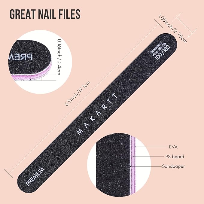 Makartt Nail File, 100/180 Grit Emery Boards for Nails, Professional Washable Doubled Sides Filer Kit for Medium and Gentle Filing Manicure Tools(Black-2pcs Trial Set)