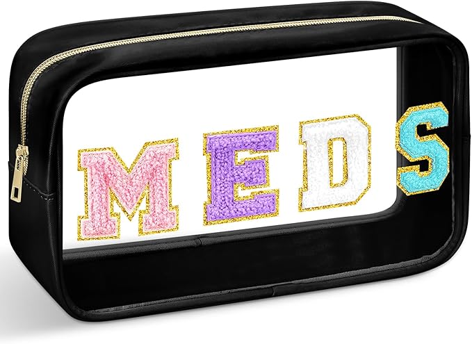 Geetery Medicine Bag Chenille Patch Meds Bags Portable Makeup Cases Preppy Patch with Zipper Cosmetic Travel Toiletry Storage for Women(Black,Original Meds)