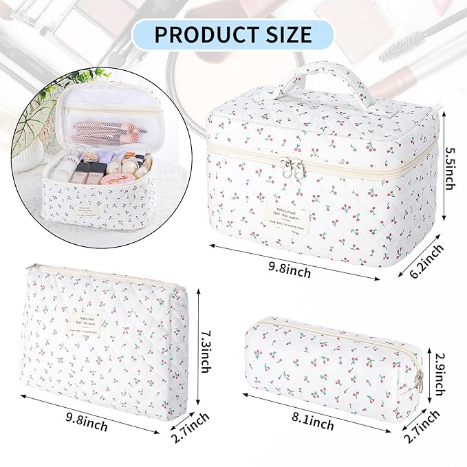 senbowe Floral Cherry Makeup Bag, 3 Pack Large Cotton Quilted Makeup Bag Set, Cute Floral Coquette Aesthetic Toiletry Bag Make Up Cosmetic Bag for Women, Toiletry Travel Make Up Organizer Bag