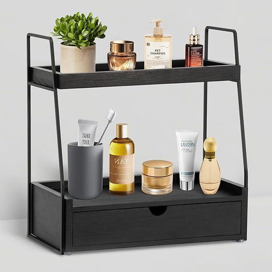 2-Tier Bathroom Organizer Countertop with Drawer, Wood Counter Organizer for Bathroom Decor, Sink Shelf for Vanity Storage, Makeup Tray for Perfume Skincare Bedroom Kitchen Corner
