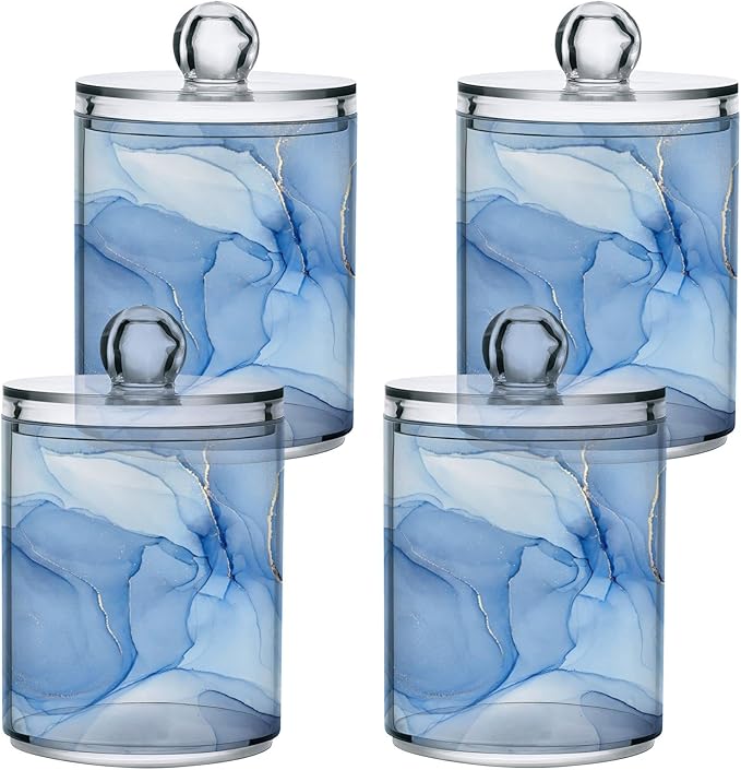 2 Pack Qtip Holder Dispenser Blue Marble Bathroom Storage Canister Lid Acrylic Plastic Apothecary Jar Set Vanity Makeup Organizer for Cotton Swabs/Pads/Floss