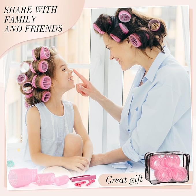 Obeoby 4 Sizes Rollers Hair Curlers for Women, 38 Pcs Set Hair Rollers Heatless 25mm 36mm 48mm 60mm Self Grip Hair Rollers with Clips, Curlers for Long Short Thick Thin Hair Bangs, Pink