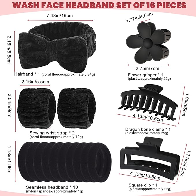 16 Pcs Skincare Headband Set, Face Washing Headband with Wristbands, Hair Claw Clips & Hair Ties, Spa Headbands for Women Girls, Perfect for Facial, Makeup, Shower, Gift Ready Box