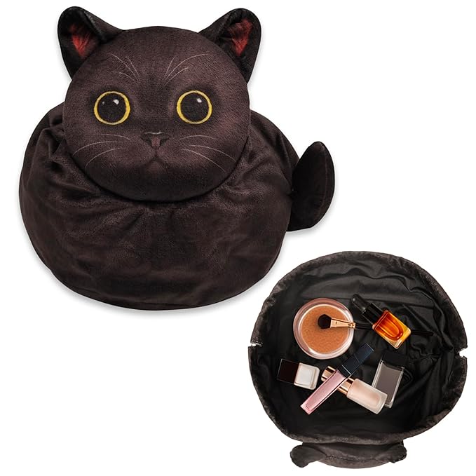 Drawstring Makeup Bag, Cat Makeup Bag, Travel Makeup Organizer, Cosmetic Pouch Bag, Cat Gift for Women, Lay Flat Makeup Bag Gifts for Cat Lovers
