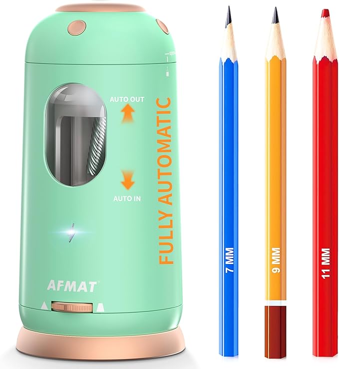 AFMAT Electric Pencil Sharpener, Auto in & Out, Fully Automatic Pencil Sharpener, Rechargeable Hands-Free Sharpeners for Jumbo & Colored Pencils (7-11.5mm), Good for Classroom/Home PSC8(Light Green)