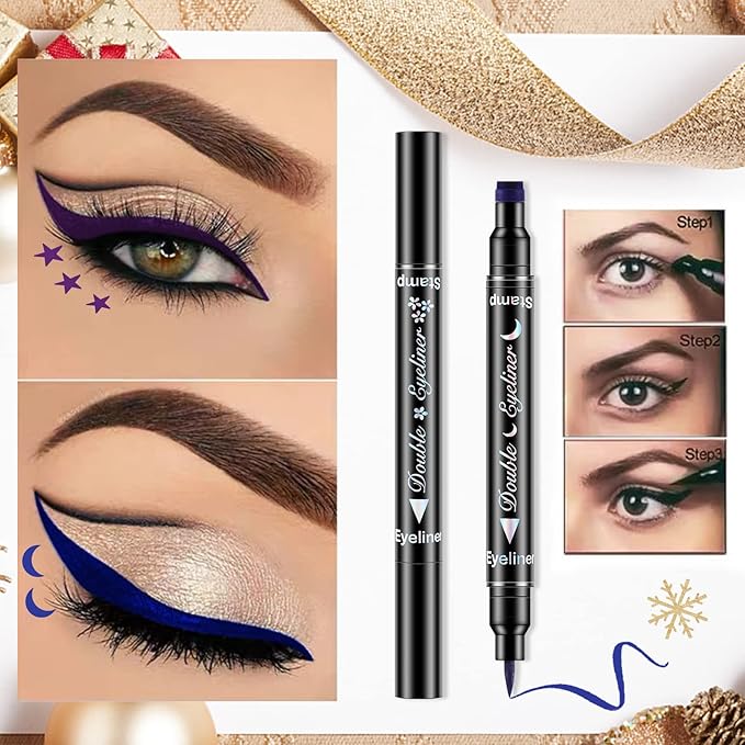 Erinde 6 Colors Liquid Winged Eyeliner Stamp Pen Set, Double-Ended Black Red Green Purple Blue Eye Liner Pencil, Long-lasting Waterproof Stamp Eyeliner Set for Eye Face Makeup